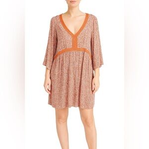 IN EVERY STORY Coral Ditsy Floral Print Tunic V-Neck Lace Trim 3/4 Sleeves 3X